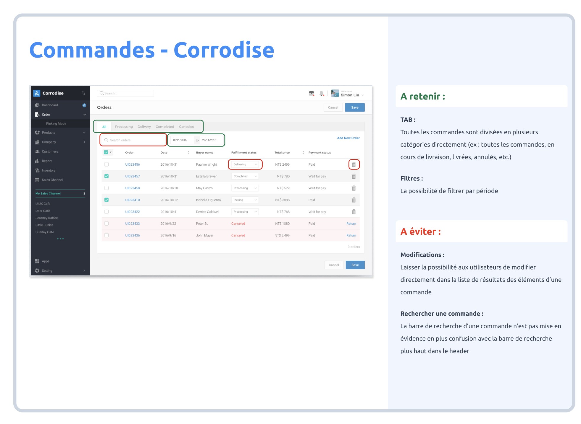 Benchmark concurrentiel annoté d'une interface de gestion de commandes, points à retenir et à éviter