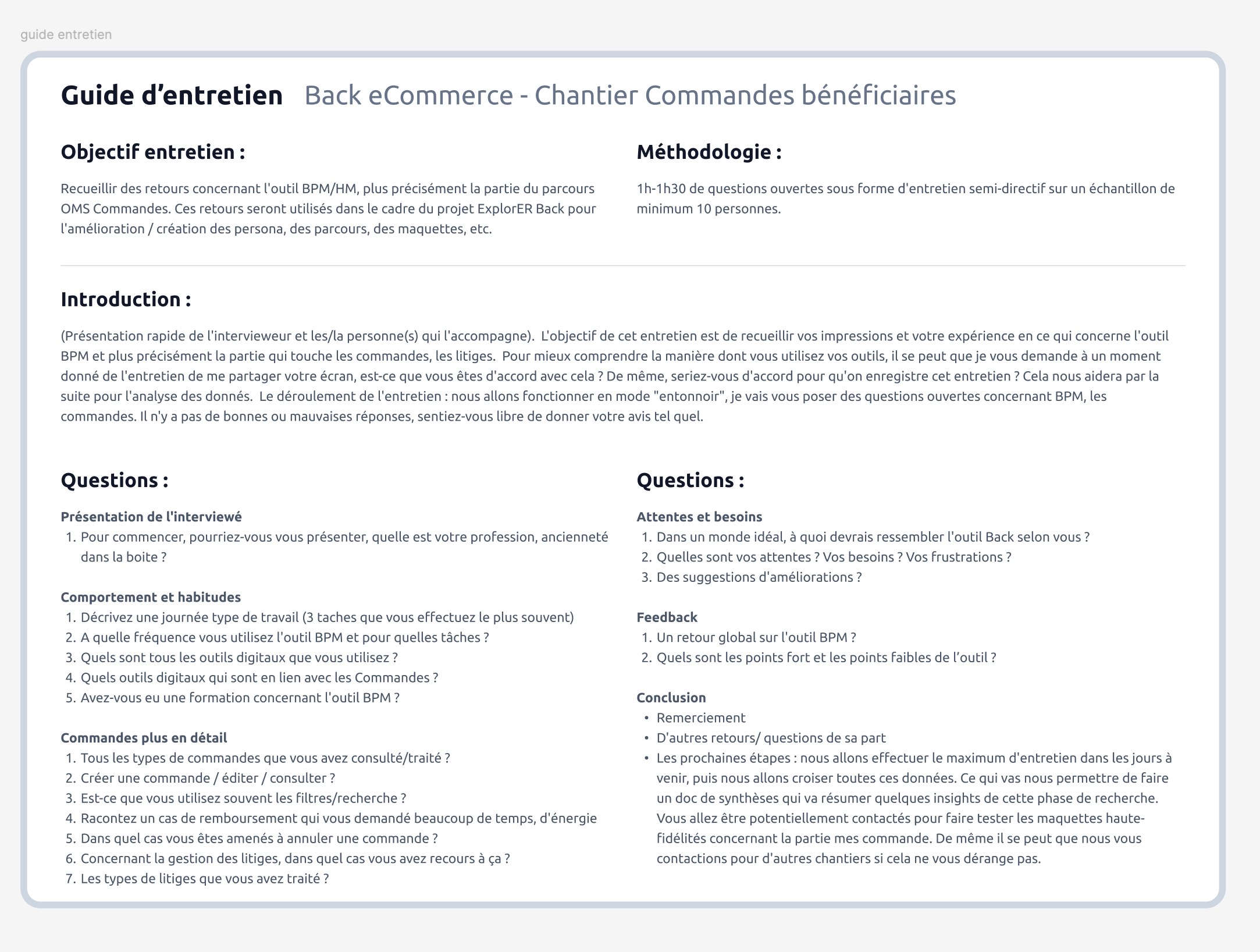 Guide d'entretien pour le chantier Commandes bénéficiaires : objectif, méthodologie et questions