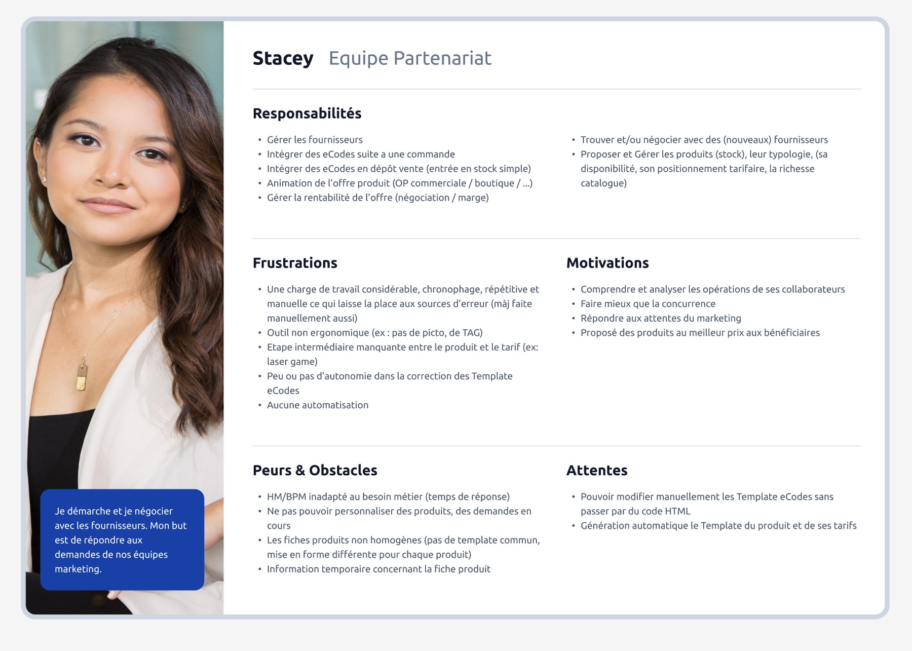 Persona Stacey, équipe partenariat : responsabilités, frustrations et attentes