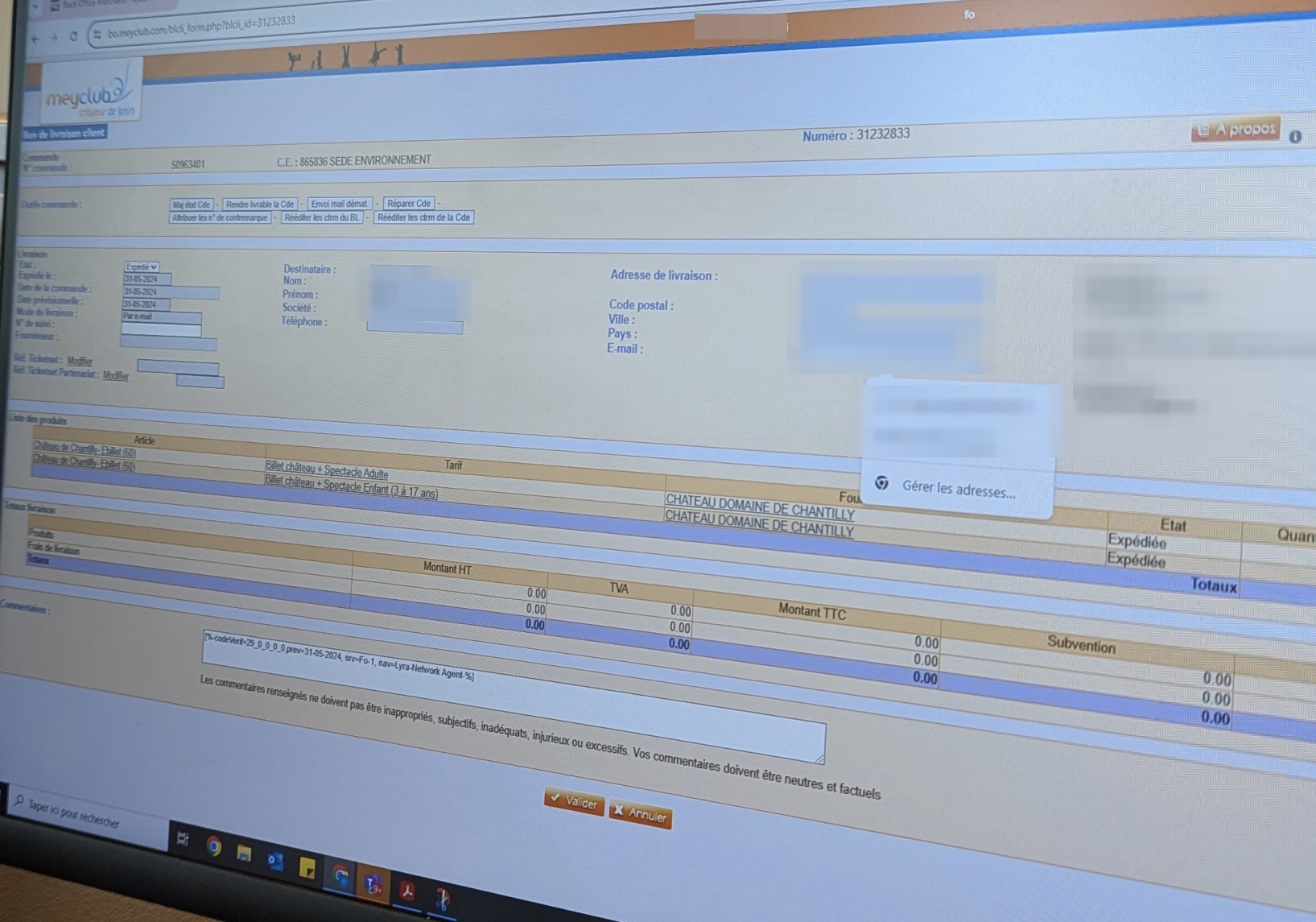 Bon de livraison client sur l'ancien back-office, informations personnelles floutées