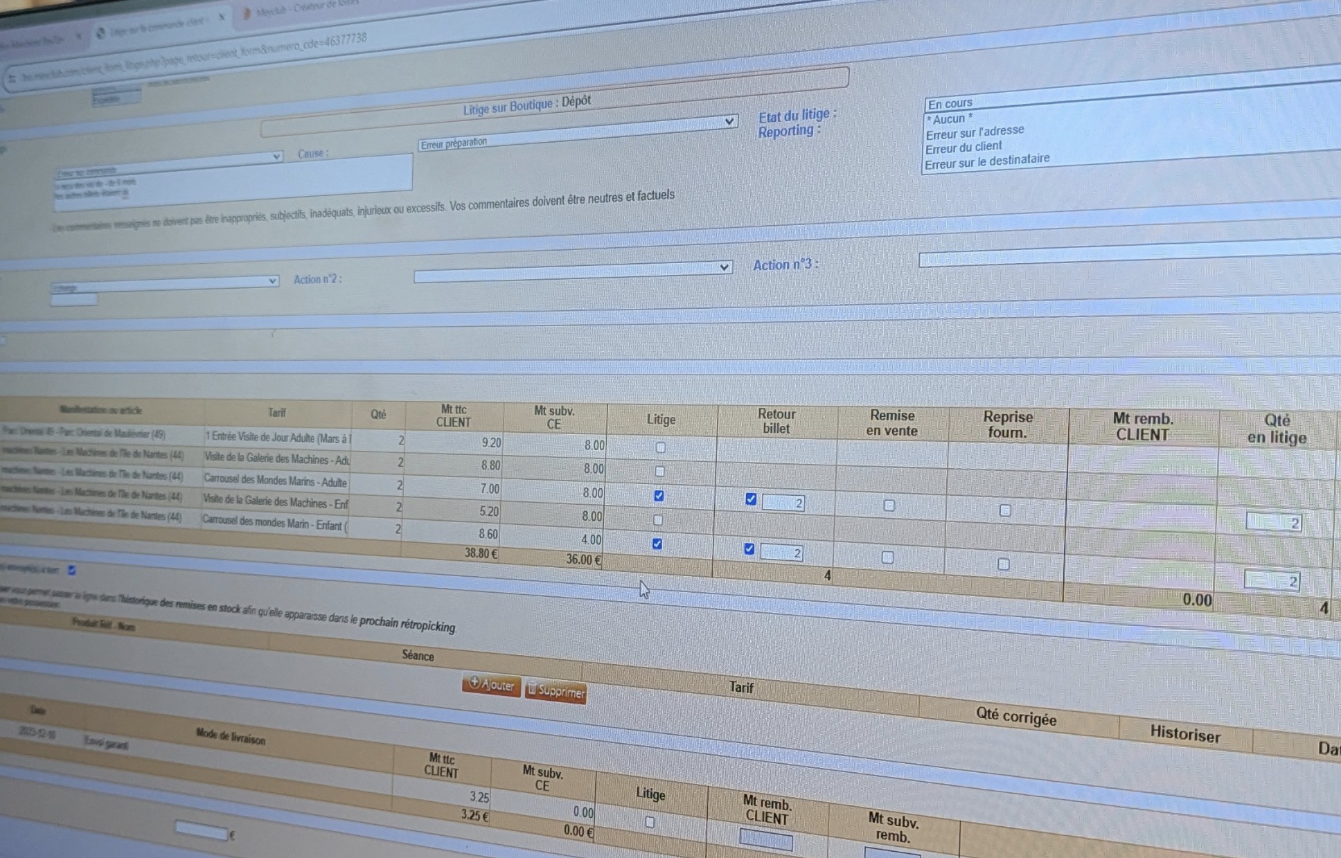 Écran de gestion d'un litige sur une commande, avec un tableau dense