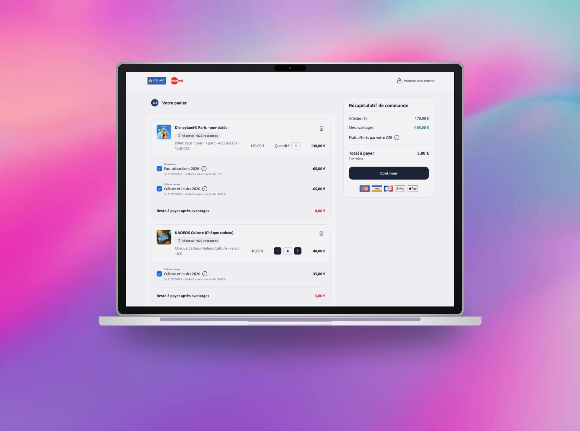 Panier avec avantages CSE appliqués sur plusieurs articles