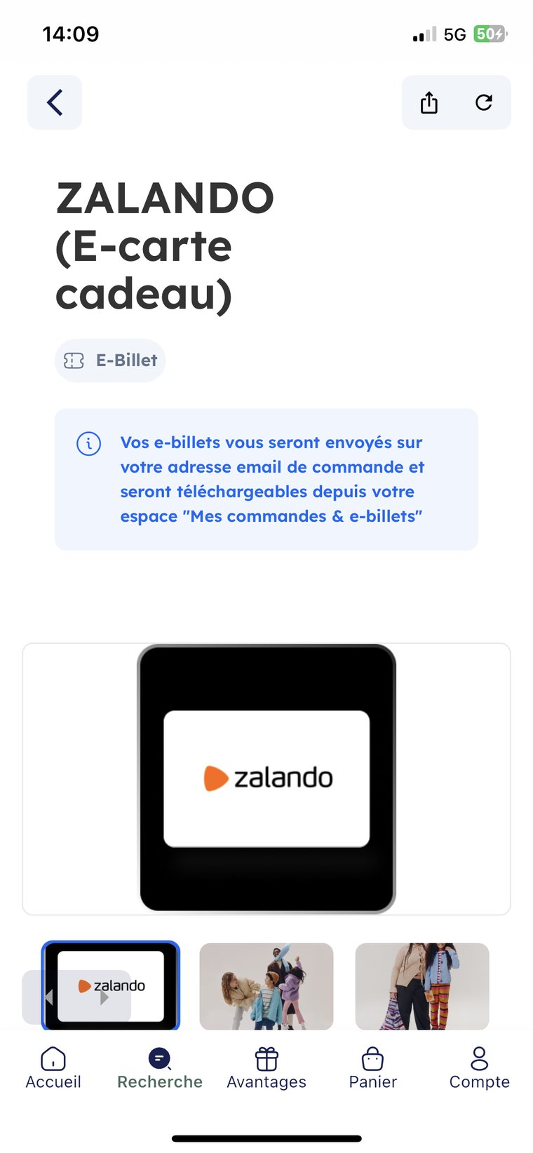 Ancienne fiche carte cadeau Zalando, avant la refonte