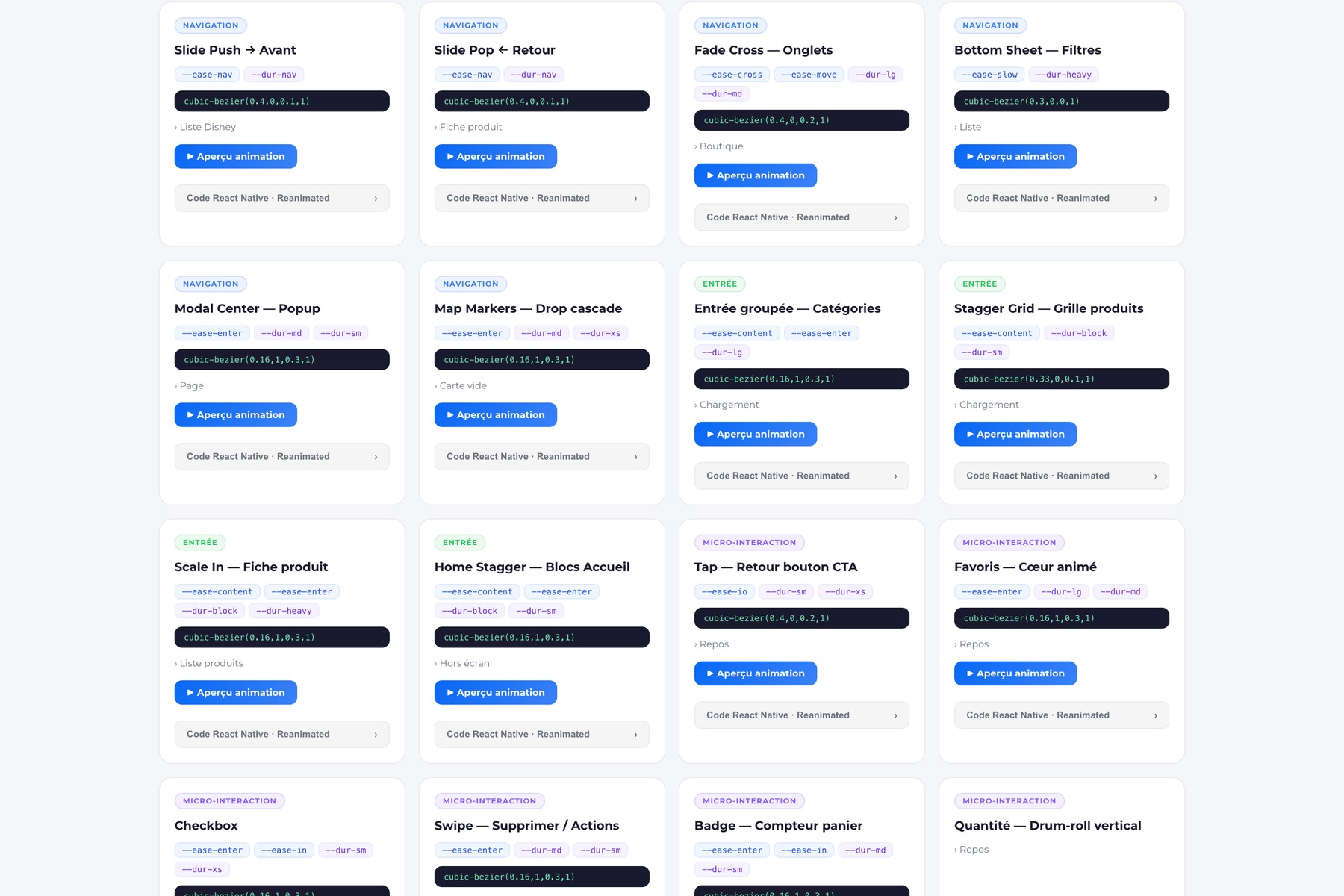 Catalogue d'animations avec démo live et code React Native Reanimated