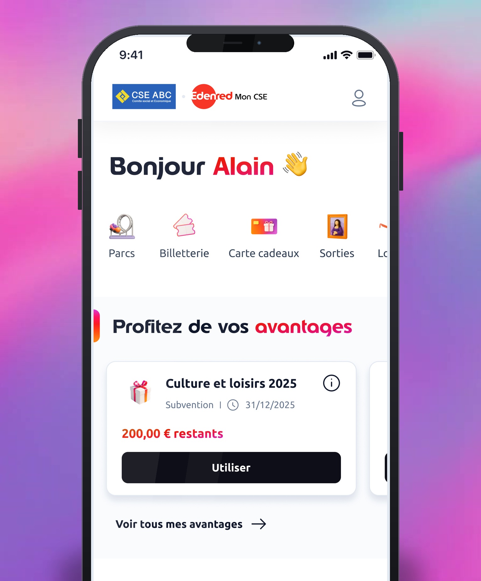 Nouvel accueil de l'application Edenred Mon CSE